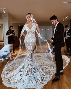 2023 ultimi abiti da sposa moderni in pizzo a sirena da sposa vedere attraverso la cattedrale lunga coda di pesce abiti da sposa Sexy vestido de novio