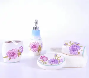 Articles de salle de bain d'hôtel Décalcomanie fleur de pivoine en céramique blanche Surface salle de bain sanitaire ensemble d'accessoires de toilette