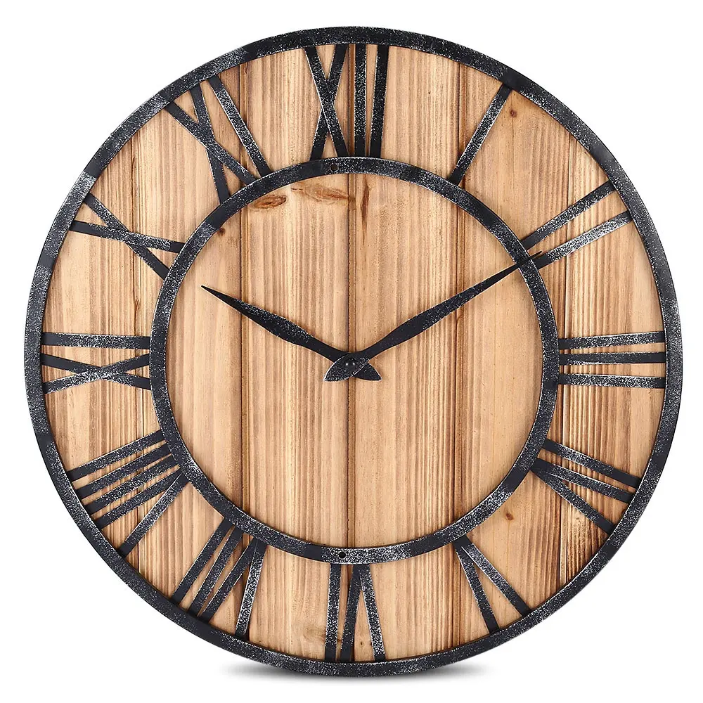 Horloge murale de luxe en bois de style romain, chiffres romains, accessoires d'art rustique, nordique, argent, or, artisanat de salle moderne, horloge murale en métal