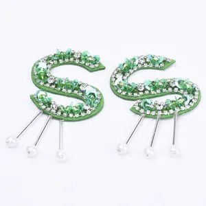 Yongze strass de pérolas verdes, strass vintage, costura personalizada, bordada, letras s, apliques de miçangas para roupas