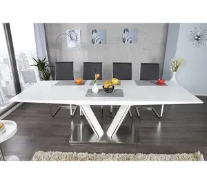 Conjunto de sala de jantar, moderno, italiano, brilho, mdf, extensão de borboleta, base de metal, tabelas de jantar