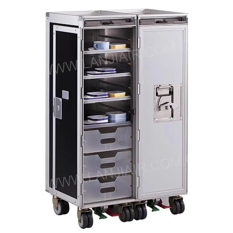 Vliegtuig Kombuis Winkelwagen Aluminium Half Full Size Drank Voedsel Water Winkelwagen Trein Luchtvaartmaatschappij Catering Trolley Trays Met Wielen