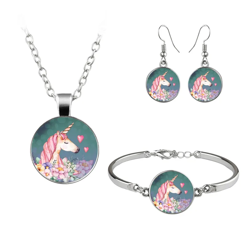 Cute Unicorn Jewelry Set Cartoon Flower Horse Glass Dome Necklace Bracelet Earrings For Girls Kids Jewelry