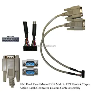 Dual Panel Mount DB9 Male to FCI Minitek 20-pin Active Latch Connector Custom Cable Assembly