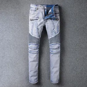 Jeans denim lupo reale produttore jeans biker lavati sbiancati blu di nuova moda Jeans lavaggio acido da uomo