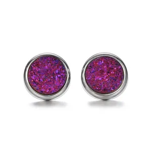 hot sale china fashion round stainless steel natural druzy stone agate quartz stud earrings piercing for women jewelry