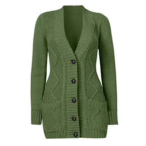 Cardigan maglione lavorato a trecce Oem Cardigan sul ginocchio lungo Cardigan aperto con bottoni anteriori con cavo in maglia Cardigan da donna