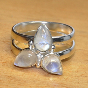 925แหวนเงินสเตอร์ลิงสำหรับผู้หญิงแพร์ CAB พลอยมูนสโตนสามชิ้นแหวนแฟชั่น - Product Image 1