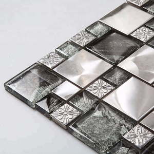 Souls <strong>Crafts</strong> Modern Square Crystal Glass Metal <strong>Mosaic</strong> <strong>Tile</strong> Parquet Design Glossy Finish Silver + Black 305x305mm 2mm Joint Hotel - Product Image 2