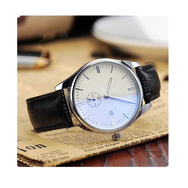 Top-selling blue coated glass men's watch classic design silver business wristwatch genuine leather band date calendar watch
