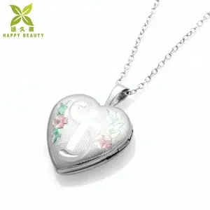 Gümüş kalp fotoğraf lockets oturma hatıra madalyon kolye ile emaye çiçek