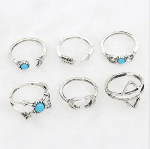 JOYA GIFT 6PCS Boho Beach Top Sales Jewelry Moon Arrow Green Turquoise Rings For Women Bohemian Knuckle Rings Set