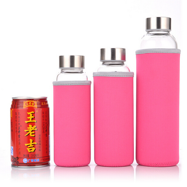 KC-08623 Glass Water Bottles 16 oz, Stainless Steel lid glass water bottle borosilicate