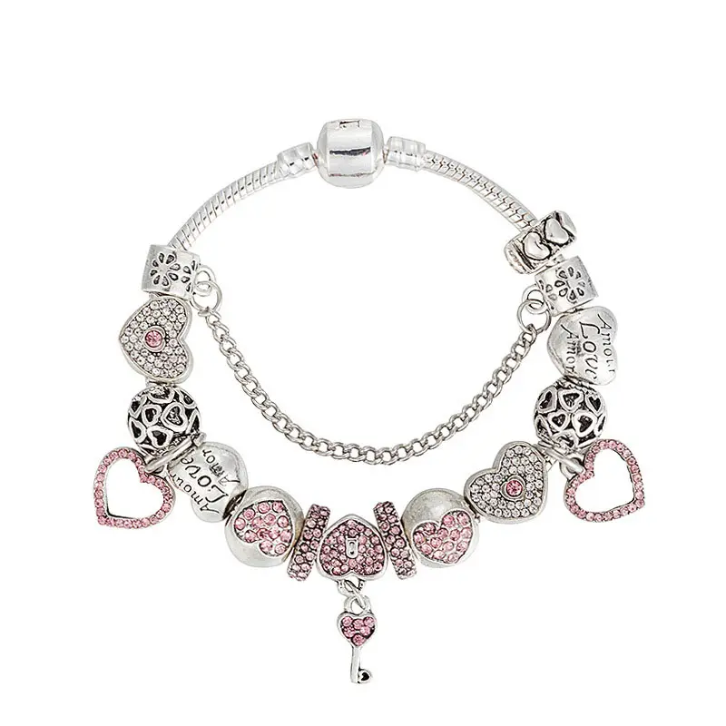 Romantic love DIY Silver Chain Heart Charm Bracelet Pink Crystal Hollow Heart Key Bracelet for Valentine's Day Gift