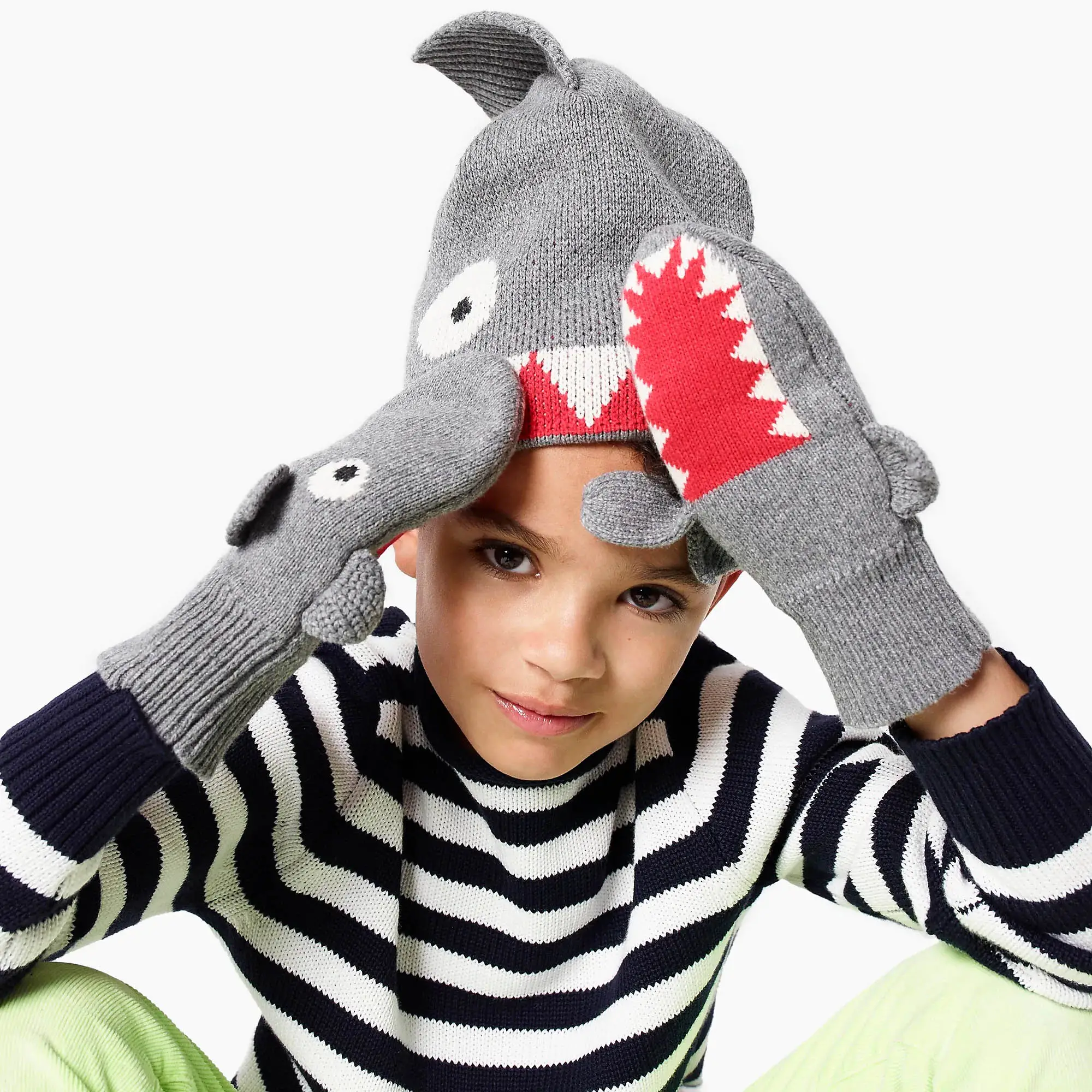 60/30/10 Baumwolle/Nylon/Wolle Shark Cartoon Design Jacquard Gestricktes Jungen handschuh Beanie Set