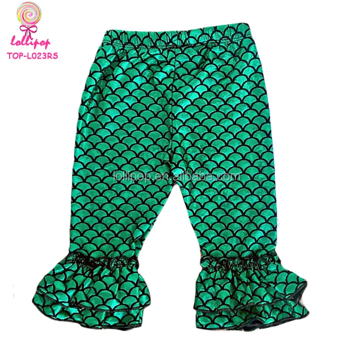 Stretchy Shiny Toddler Baby Green Mermaid Tail Pants Little Girls Metallic Fish Scale Ruffle Mermaid Legging