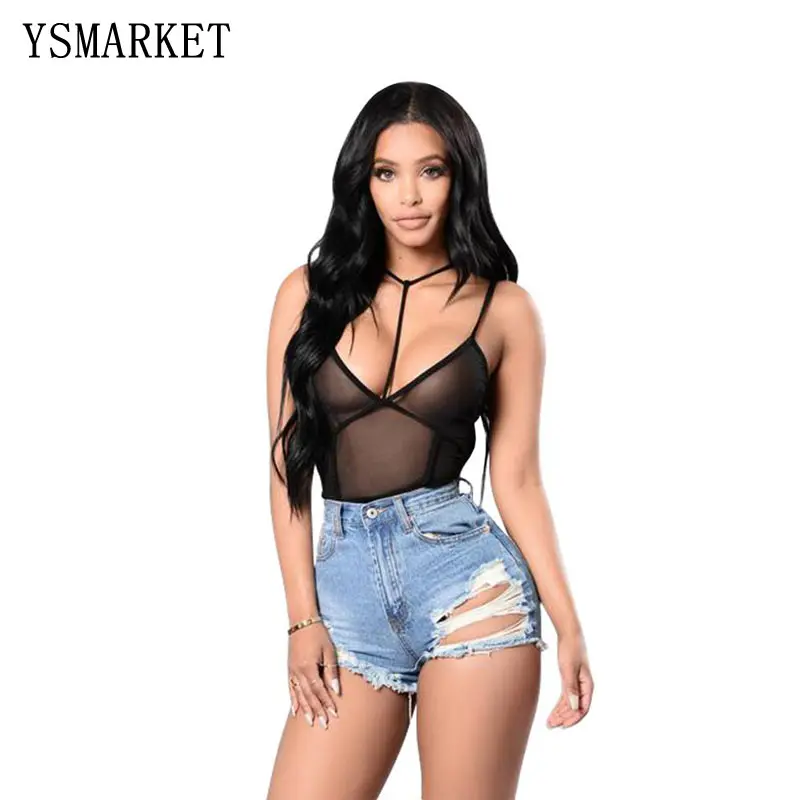 Sexy Halter Black Lace Mesh Bodysuit Vrouwen Tops Vintage Transparante Solid Party Overalls Rompertjes Vrouwen Jumpsuits