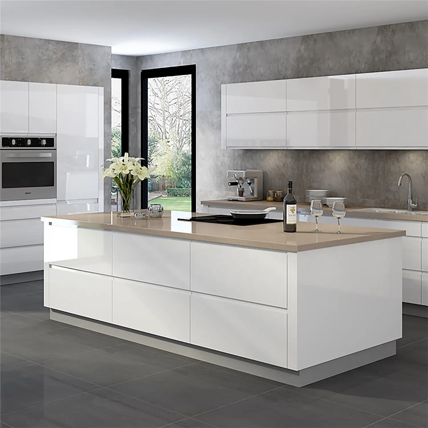 Vermonhouzz Hot Selling Modular MDF Lacquer White Concealed Handle Kitchen Cabinets With BIg Island