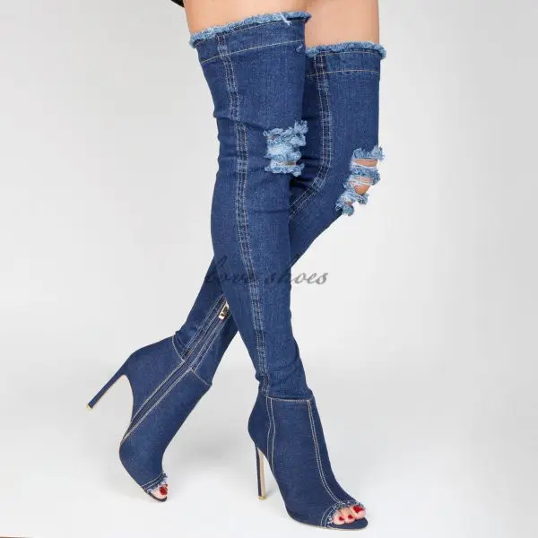 Top Fashion women over the knee boots for women stretchable Denim Peep Toe long Boots in dark blue