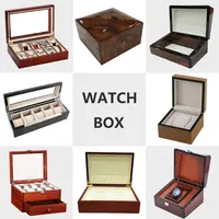 Caja de reloj de madera lacada, caja de reloj de madera con tapa de vidrio y acentos inoxidables, 8 unidades