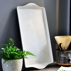 Gốm hình chữ nhật đồng bằng màu trắng phục vụ khay cho nhà hàng biểu tượng tùy chỉnh sứ dài tấm - Product Image 1