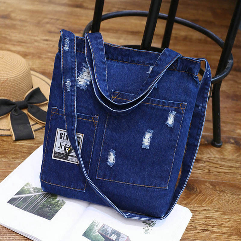Denim Handbag Fashionable Tote with Zipper Pockets