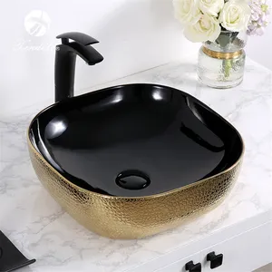 Pia do banheiro, venda quente de luxo para banheiro, lavatório preto dourado galvanizado