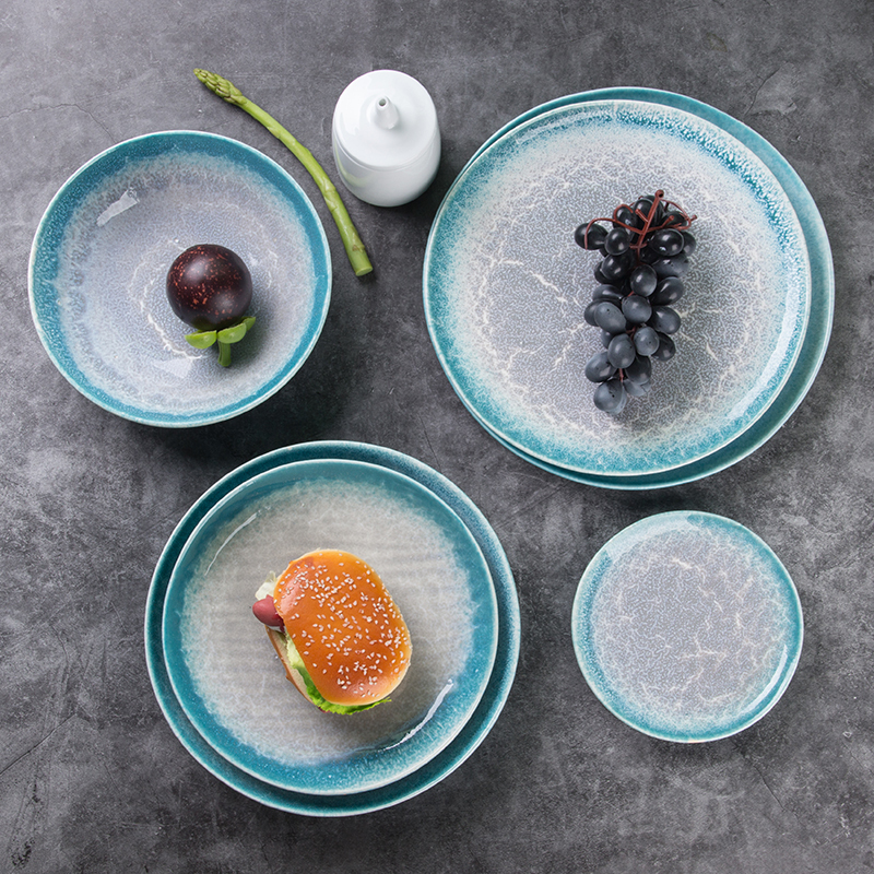 Blue Glazed Porcelain Dinnerware Set – Eco-Friendly Plates & Bowls for Home & Hotel - View 3