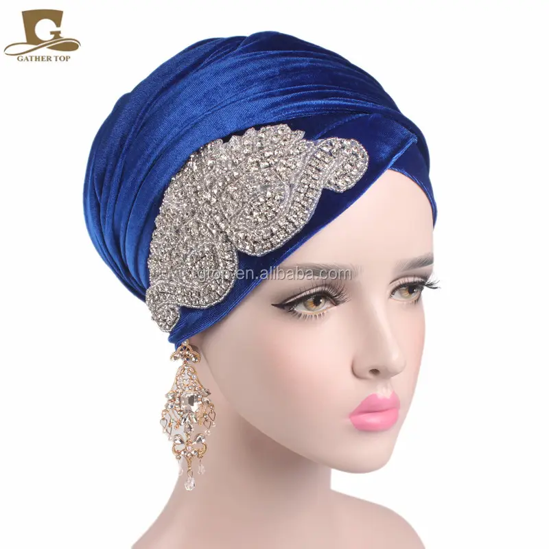 Turbante de terciopelo Nigeriano para mujer, joyería de cristal embellecida, pañuelo para la cabeza Extra largo, turbante para la cabeza, TJM-38H