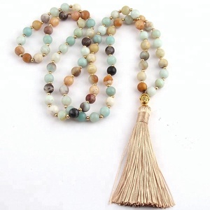 Moda mujer Lariat bohemio Tribal Beige borla Yoga joyería 8mm amazonita piedra <span class=keywords><strong>collar</strong></span> Rudraksha Buda collares - Product Image 5