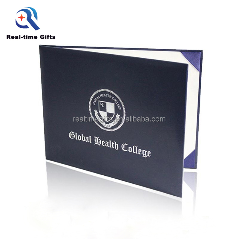 Дешевый портретный стиль школьный выпускной Золотой тисненый темно-синий мягкий кожаный картон A5 чехол для диплома