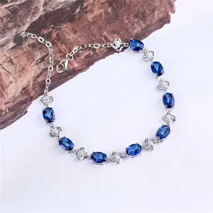 Fashion Different Hot Selling Silver Chain London Blue Topaz Gemstone Oval-cut Link Natural Stone Bracelet