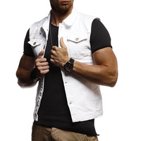 Grosir Kustom Mode Denim Rompi Jaket Robek Tanpa Lengan Rompi Mens Jean Jaket Slim Kasual Denim Rompi