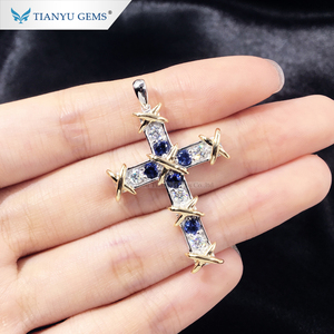 Tianyu Permata 14K 18K Emas Putih Moissanite dan Liontin Salib Batu Permata Korundum Biru - Product Image 5