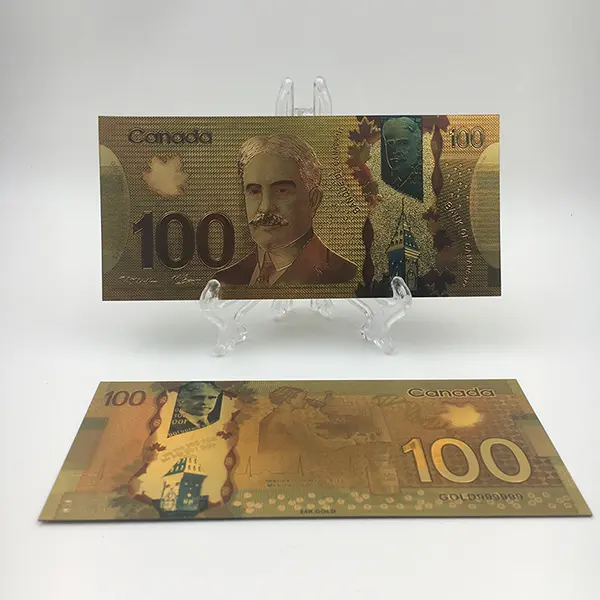 Billete de oro de 100 dólares canadienses de 24K en imagen y tamaño de dinero vívidos con soporte de exhibición