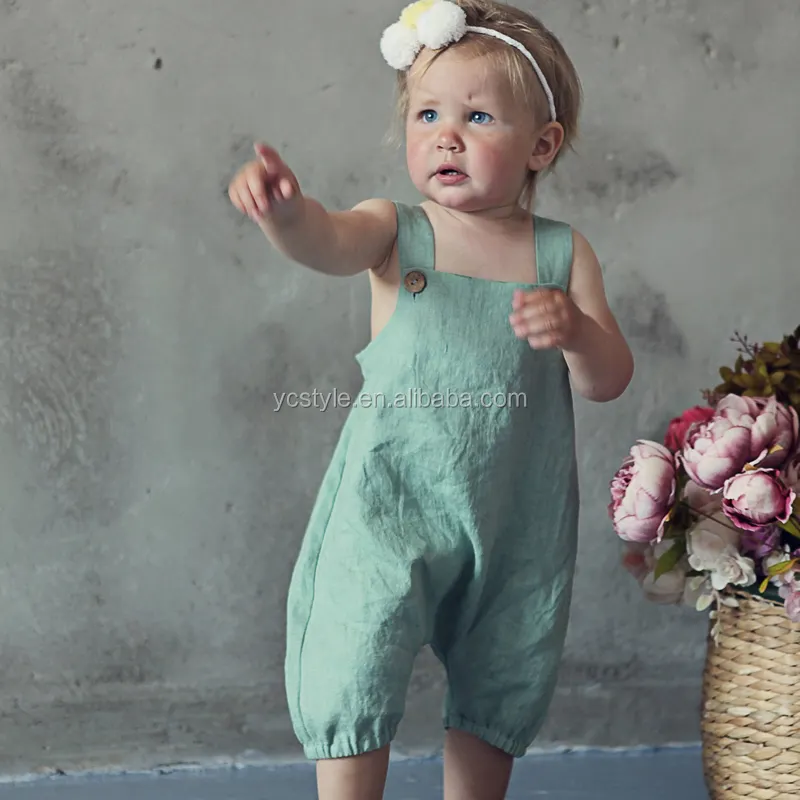 Good quality baby girl linen romper suit,harem style romper with ankle length leg and rolled hems made in linen fabric