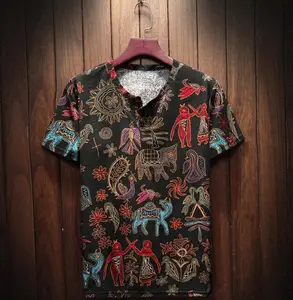 T-shirt da uomo in cotone e lino a maniche corte, tessuto sottile estivo, abbigliamento tradizionale cinese, t-shirt retrò da uomo - Product Image 1