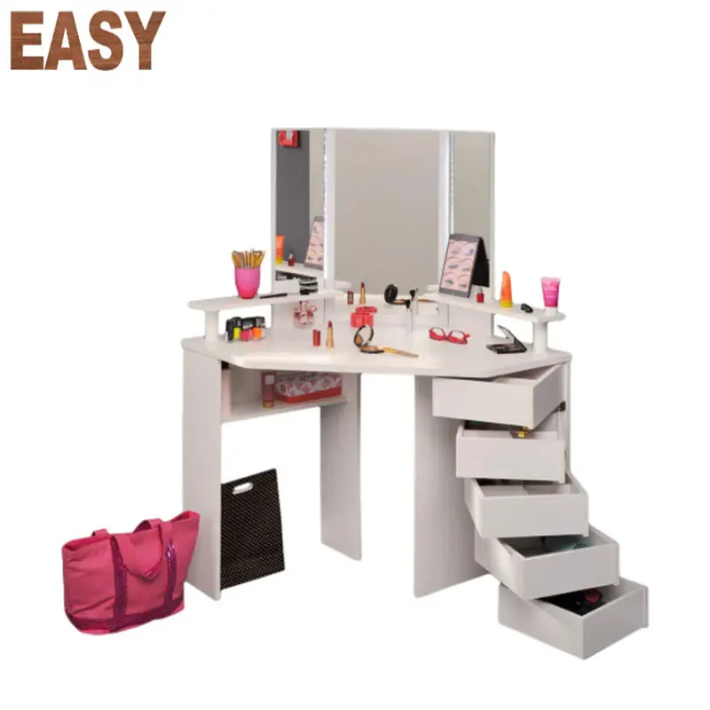 Coiffeuse d'angle de Table et miroir, 5 tiroirs, commode en bois, meuble de maquillage pour chambre à coucher