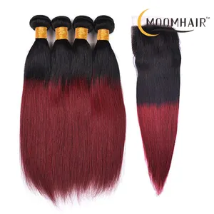 Extensiones de cabello liso Color 1b 99j, 3 mechones de pelo humano brasileño rojo de cobre con cierre de pelo