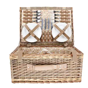 low moq cheap natural wicker 4 person picnic hamper basket with individual cooler bag