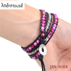 Individual doble triple five múltiples capas De Moda 6mm rosa cristales de Cuentas de Piedra Pulsera de cuerda de Cuero - Product Image 6
