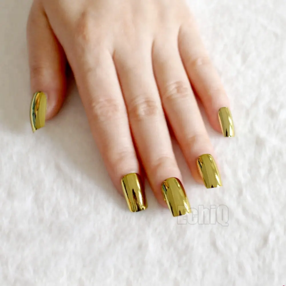 24pcs Metallic Nail Tips Acrylic Mirror Surface False Nails Long Size Gold Color