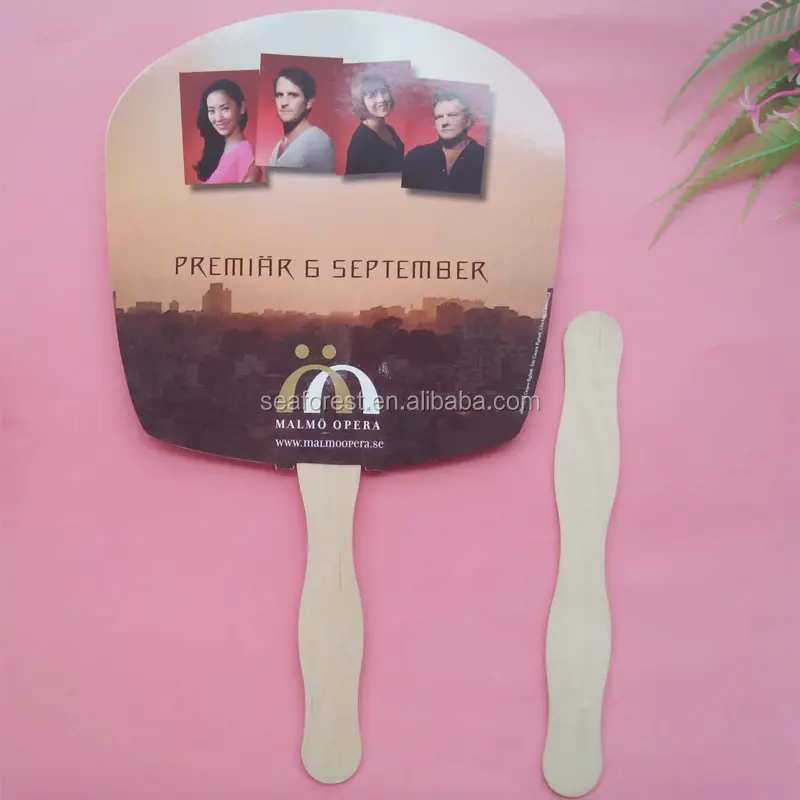 Custom Full Color Printing Paper Fan With Wooden Handle/Paper Paddle Fans