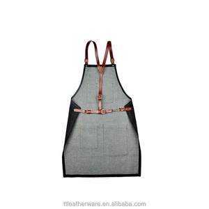 <b>Black</b> Denim Barber Kitchen <b>Apron</b> with Genuine Leather Strap - Product Image 2