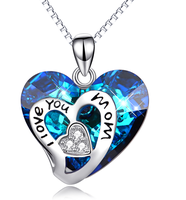 Bijoux en cristal à deux coeurs en argent sterling 925 Je t'aime maman Coeur Big Stone Pendentif Collier