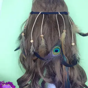 Factory Wholesale Boho Feather Headpiece Headband Braided Hairband Gypsy Indian Feather Headdress