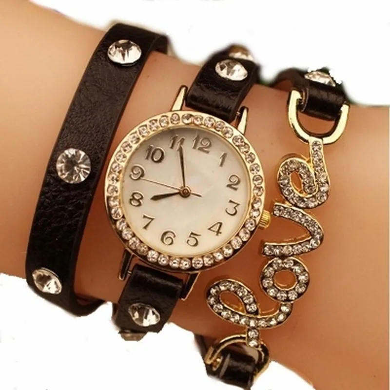 Women LOVE Charm PU Leather Strap Girl Wristwatch Crystal Stones Golden Rhinestone Vintage Fashion Bracelet Watch