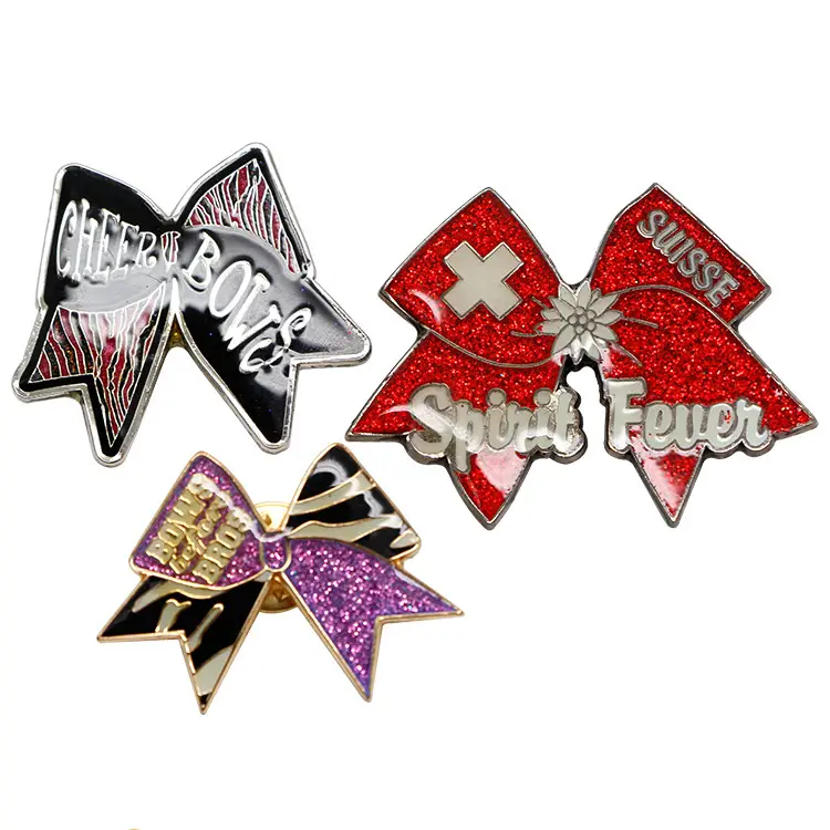 Custom metal soft enamel ribbon pin badge with Glitter