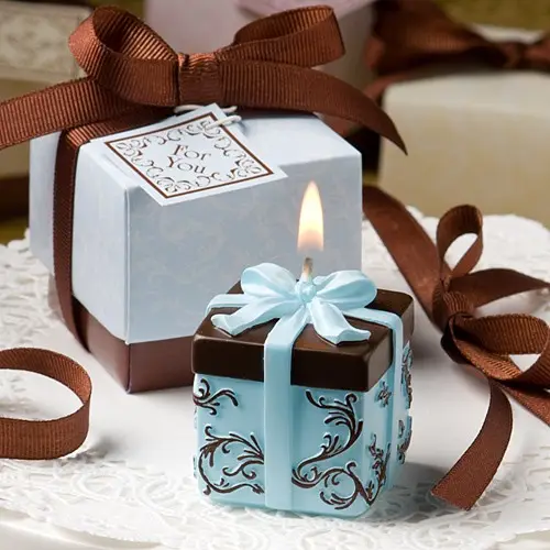 Blue and Brown Gift Box Wedding Favors Candles