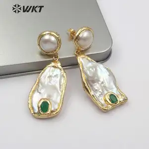 WT-E499 Natural Pearl Jewelry Random Shape Pearl Drop With Tiny Gemstone Charm Vintage Design Freshwater Pearl Earring